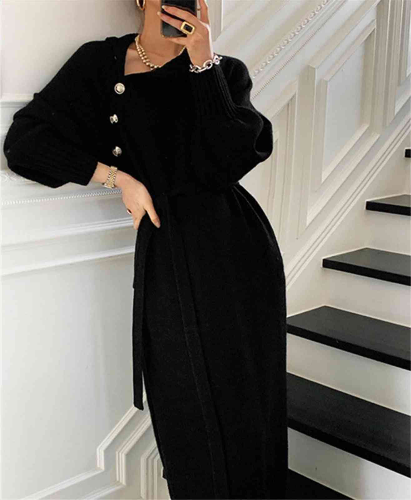 

autumn winter knitted turtleneck women dress buttons full sleeve korean warm long sweater vestidos female clothes, Black;gray