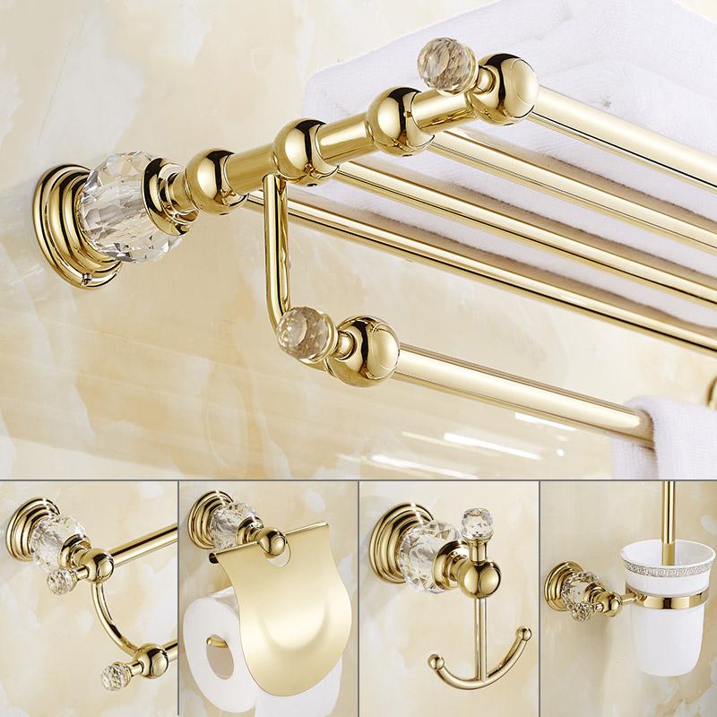 Bath Accessory Set European Crystal Towel Rack Gold Bathroom Storage Shelf Hardware Kit Pendant Wall Mounted Paper Holder-image-704845576