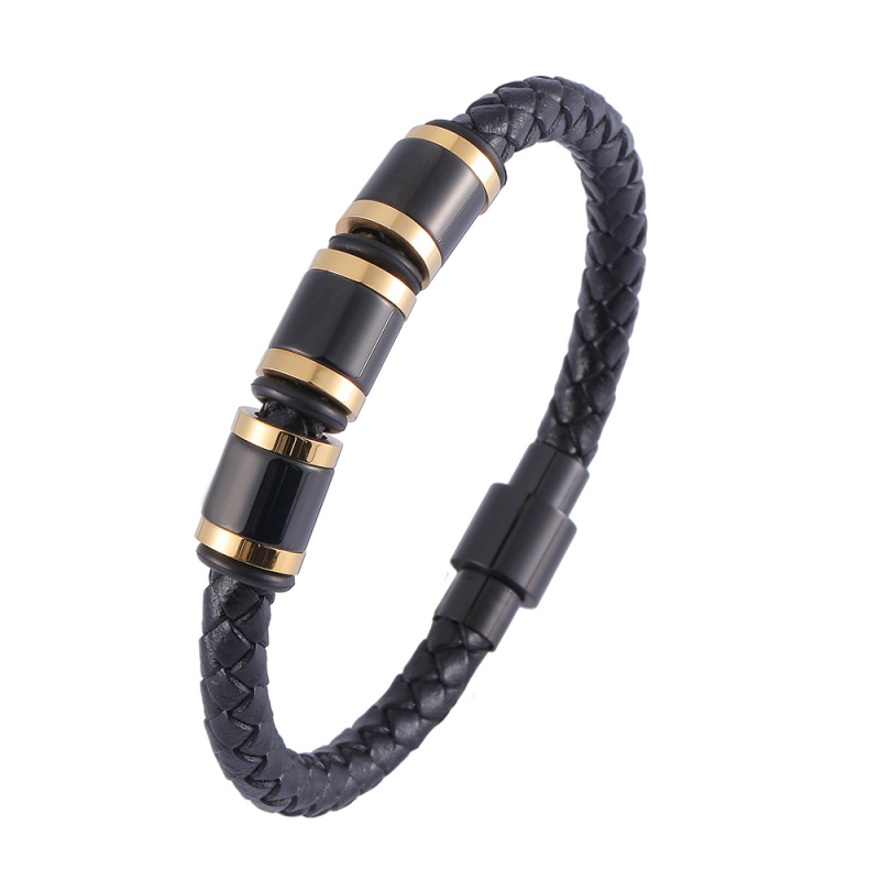 Personality Stainless Steel Charm Bracelet Men Style Braid Genuine Leather Bracelet-image-755719756