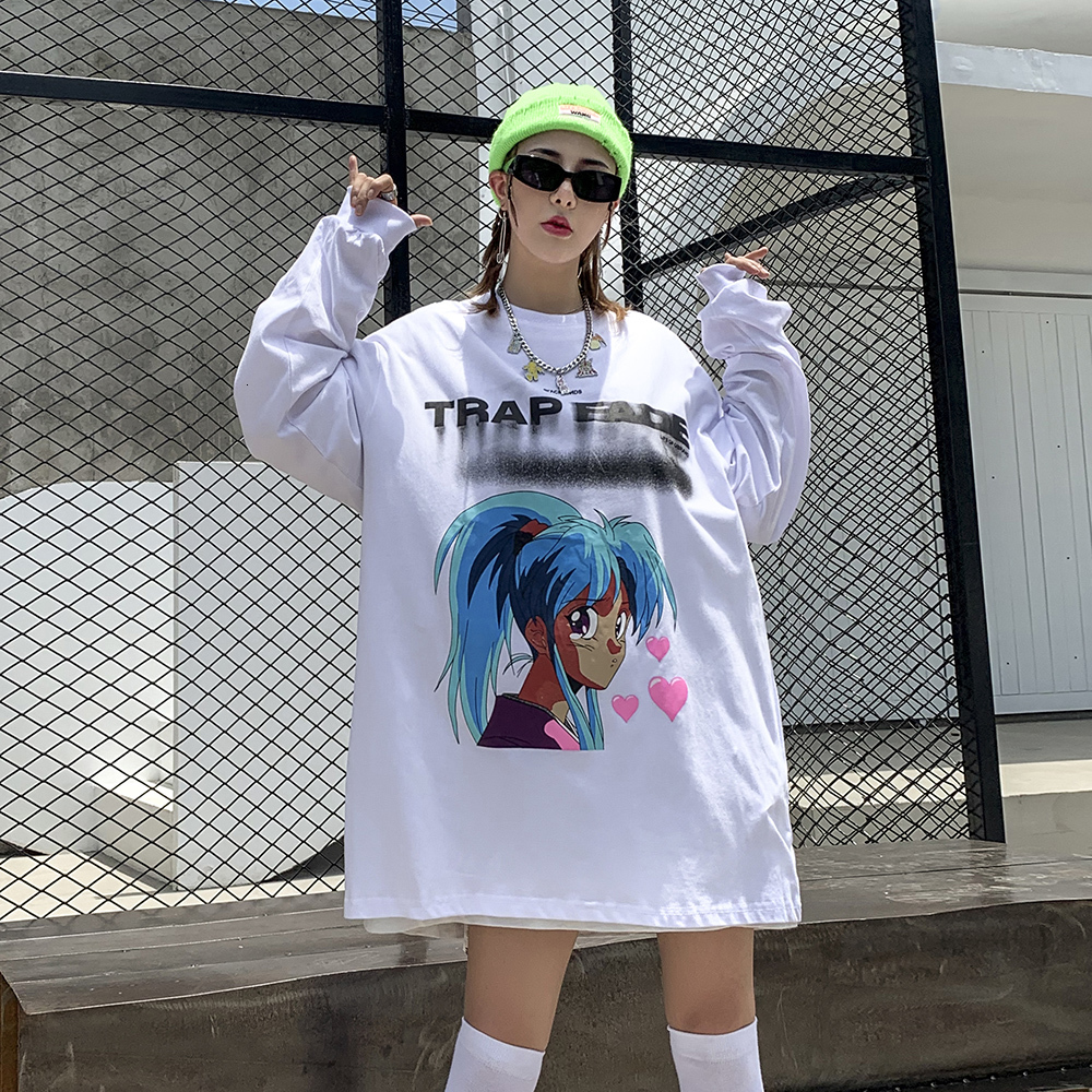 

2021 New Japanese Style Cartoon Kawaii Cute Long Sleeve Clothes Womens Tshirt Harajuku Shirts Oversized Streetwear Women Clothing 1wfs, White