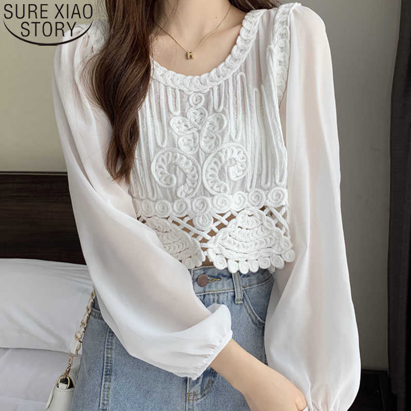 

Spring and Summer Korean Fashion Blouse Loose Hollow Out Sexy Shirt Short Jacket Sweet Chiffon Lace Shirt for Girl 14673 210527, Apricot