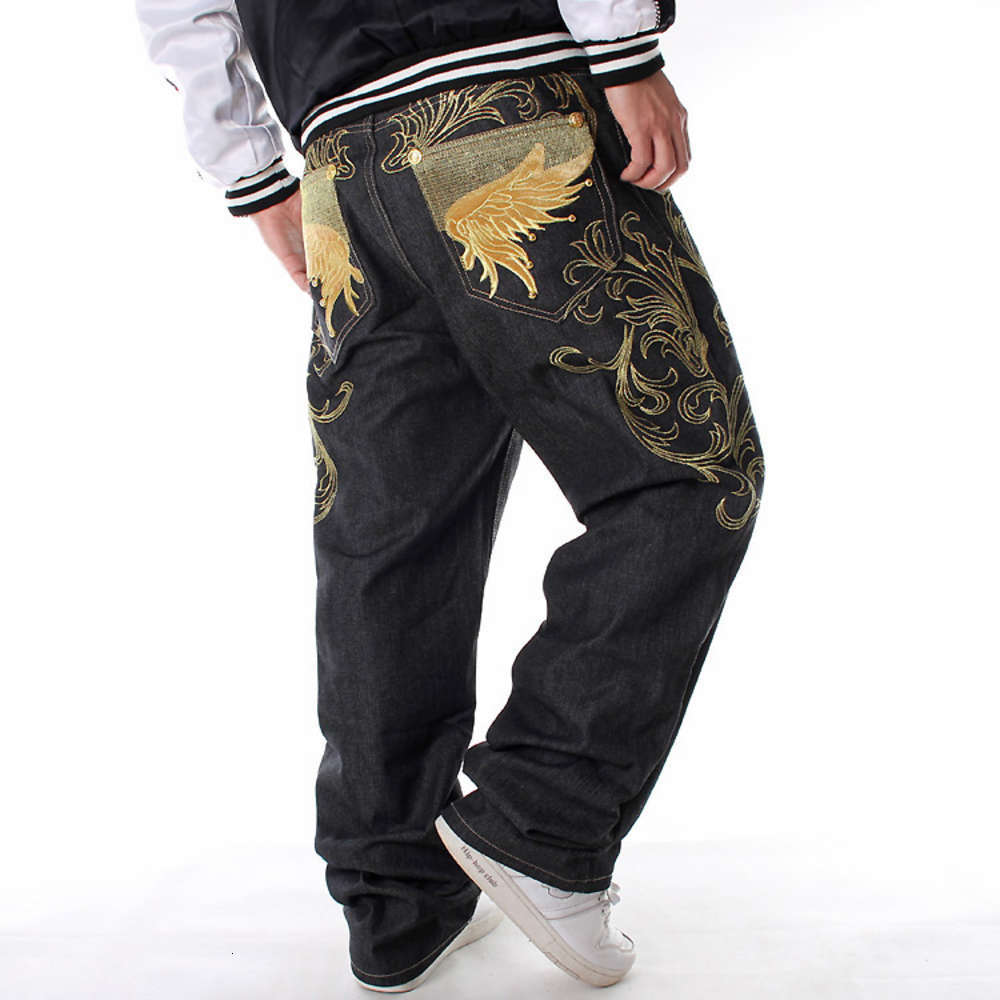 

Hip hop jeans hiphop hip hop costume gold embroidery loose skateboard pants loose pants, Blue