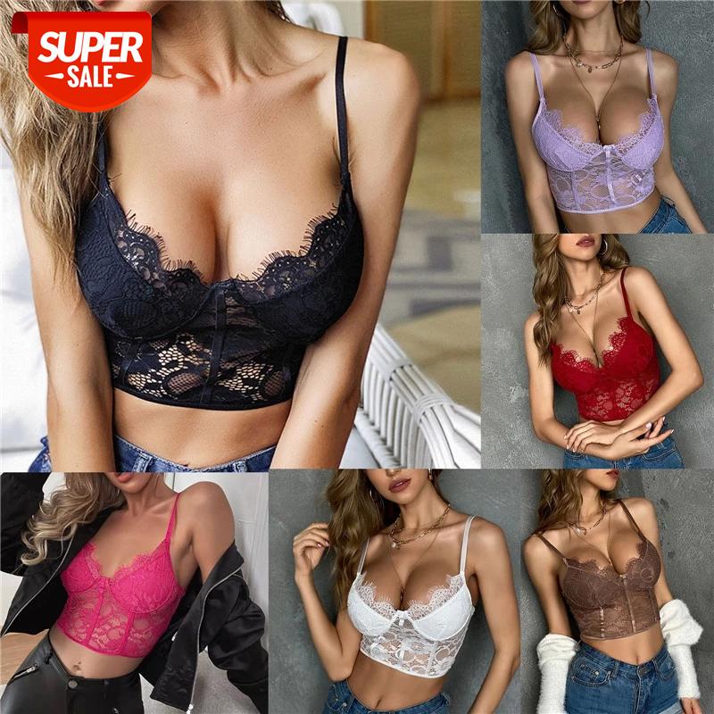 

HIRIGIN 2021 New Women Sexy Lingerie Lace Tanks Bandage Bralette Bustier Crop Tops Bra Vest Deep V-neck Strap Camisoles Clubwear #MC02, White