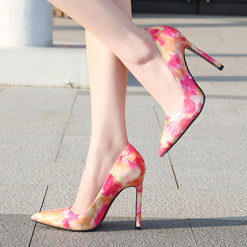 

2021 You Mark New Fashions High-heeled Six-inch Pointed Fingers From the Shallow Foot Mouth Ed Shoes Printed Women's Bombs Vb2u, Blue.