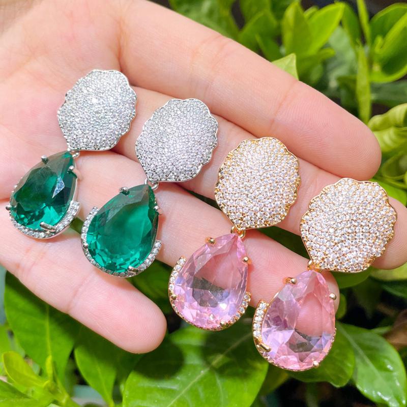 

Dangle & Chandelier CWWZircon Large Green Pink Water Drop Cubic Zirconia Stone Paved Earrings For Women Chic Wedding Banquet Jewelry CZ926, Silver