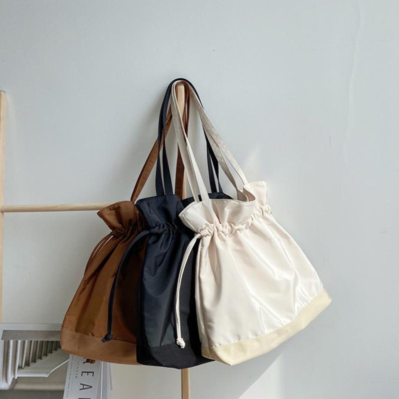 

Personality Pleated Canvas Women Shoulder Bag Drawstring Soft Canvas Tote Bags For Women Casual Solid Color Women's Handbags New, Black