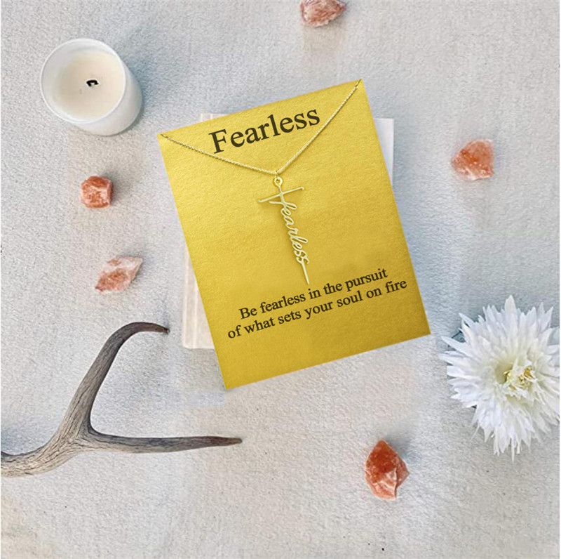 

Fearless Cross Religion Pendant Necklace Girls Women Letter Chokers Statement Card Jewelry Gift Silver Gold Color