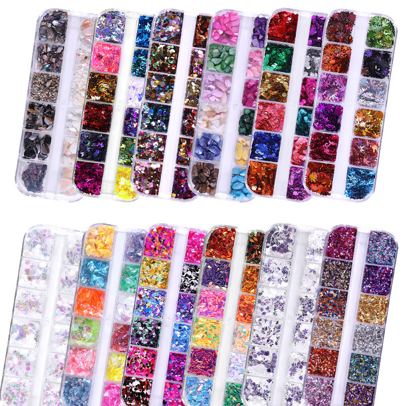 

12 Grids/Set Mixed size Nail Glitter Flakes 3D Sequins Paillette Powder Charm Nail Art Decoration Manicure tools