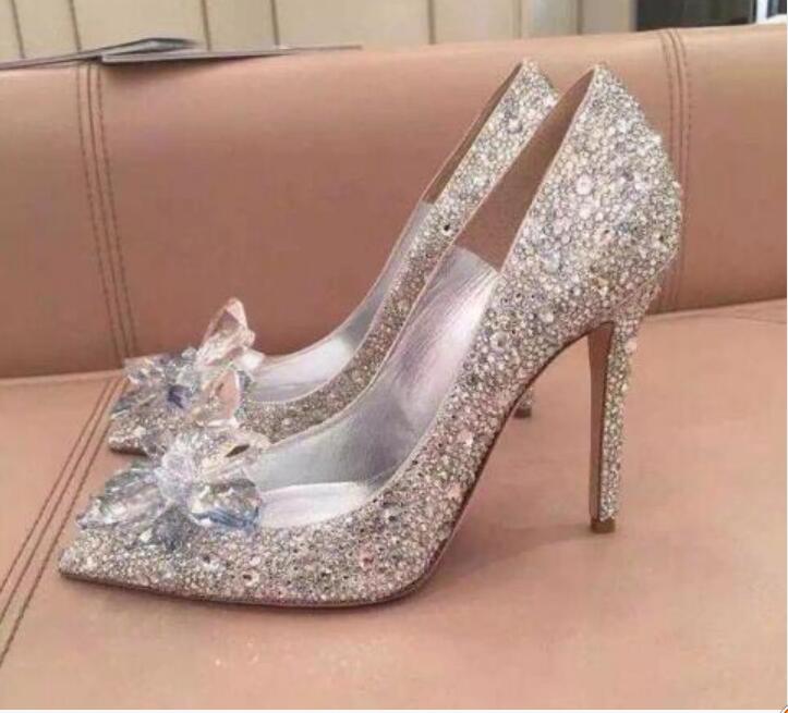 

Sliver Color Top Grade Cinderella Crystal Shoes Bridal Rhinestone Wedding Shoes With Flower Genuine Leather Big Small Size 33 34 To 40 41, As picture