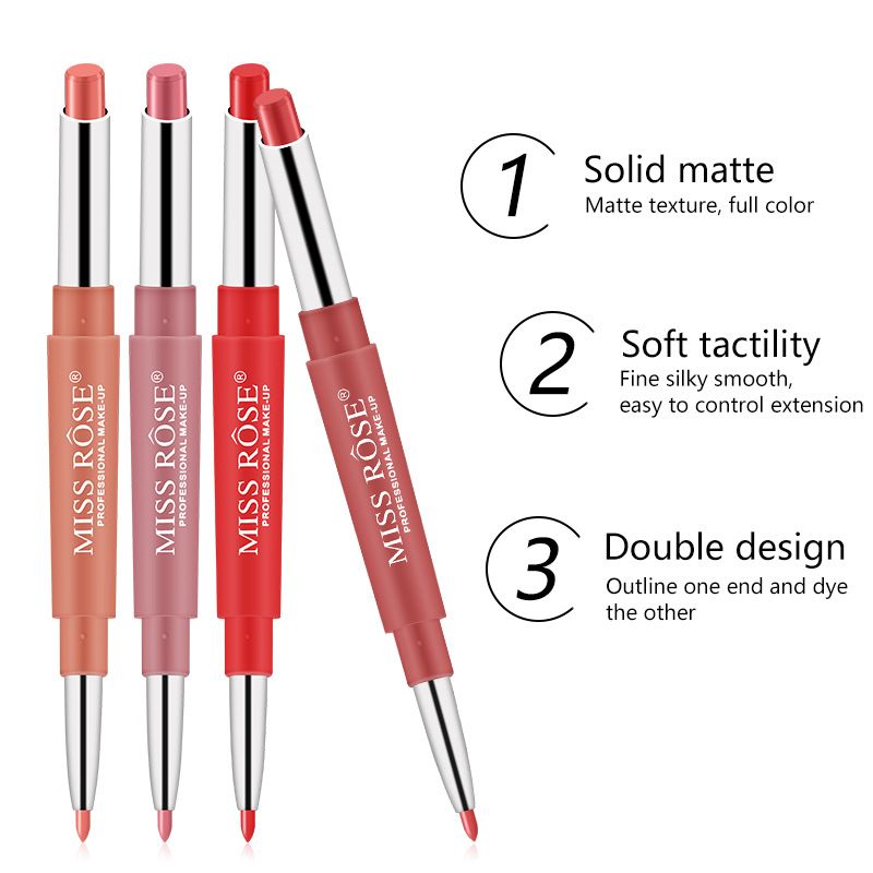 

MISS ROSE double head matte waterproof lipstick lip liner 20 colors for option Automatic rotation multi-function makeup, As picture shown