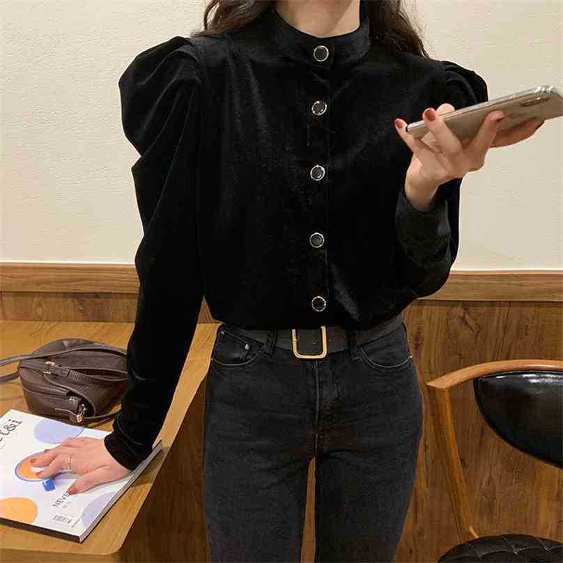

Black Vintage Chic Basic Solid Velvet Blouses Retro Sweet Stylish All-Match Loose Office Lady Casual Shirt 210525