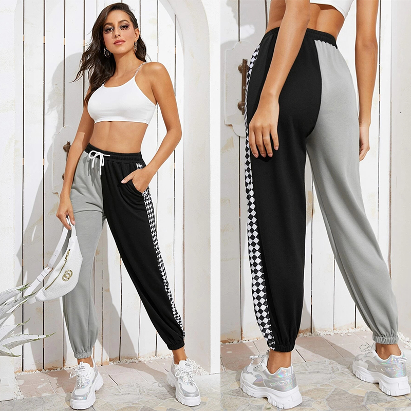 

2021 New Black Gray Splicted Sweat Side Plaid Women Fashion Sport Outwear Ankle-length Elastic Waist Cotton Pants Autumn 85xm