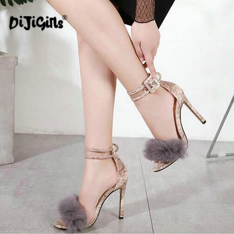 

dropshipping Ankle Strap Fur Leopard Thin High Heels Women Summer Sandals Shoes Buckle Sexy Pumps Open Toe Heels Sandals, Black