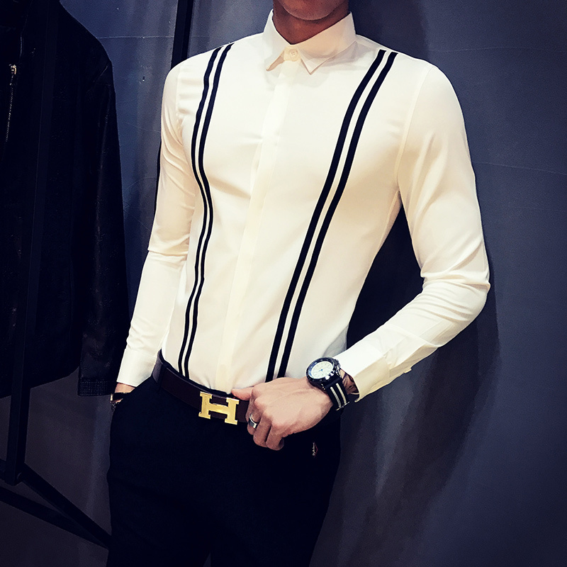 

New Mais Tamanho 5xl-s Branco Camisas Para Roupas Masculinas 2021 Primavera Nova Streetwear Frente Fitas Decorao Magro Ajuste Blusas De Mang, White