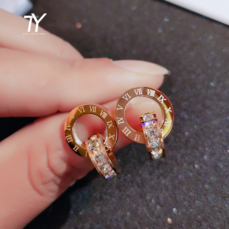 

classic Roman Number Titanium Steel Earrings For Woman Fashion Zircon Circle Pendant Earring Luxury Party Jewelry