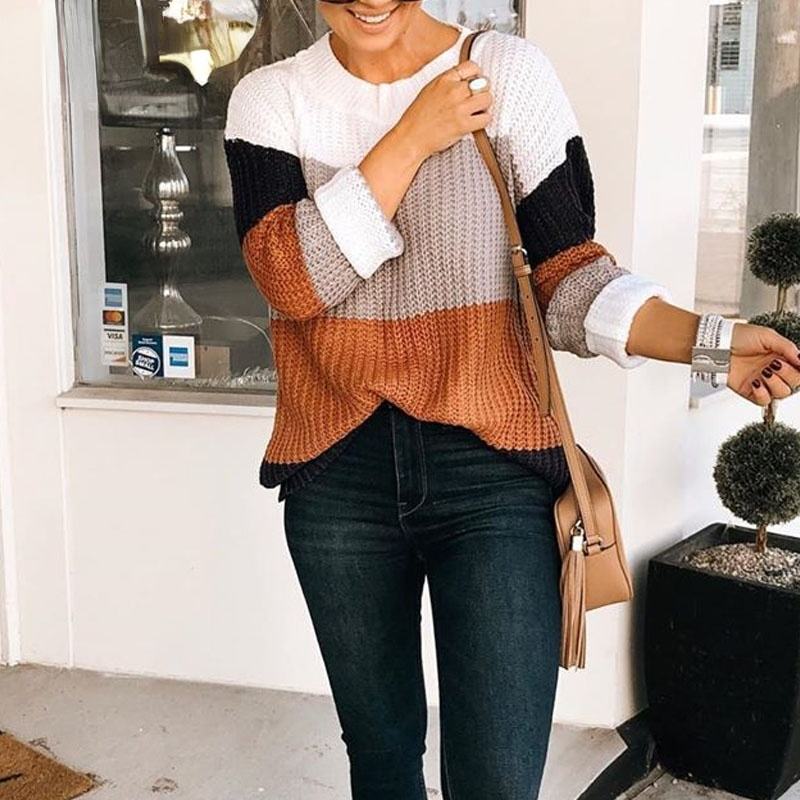 

O-neck Striped Women Knitted Pullover Sweater Long Sleeve Loose Lazy Female Autumn Winter Sweater Casual Ladies Jumper, White;black