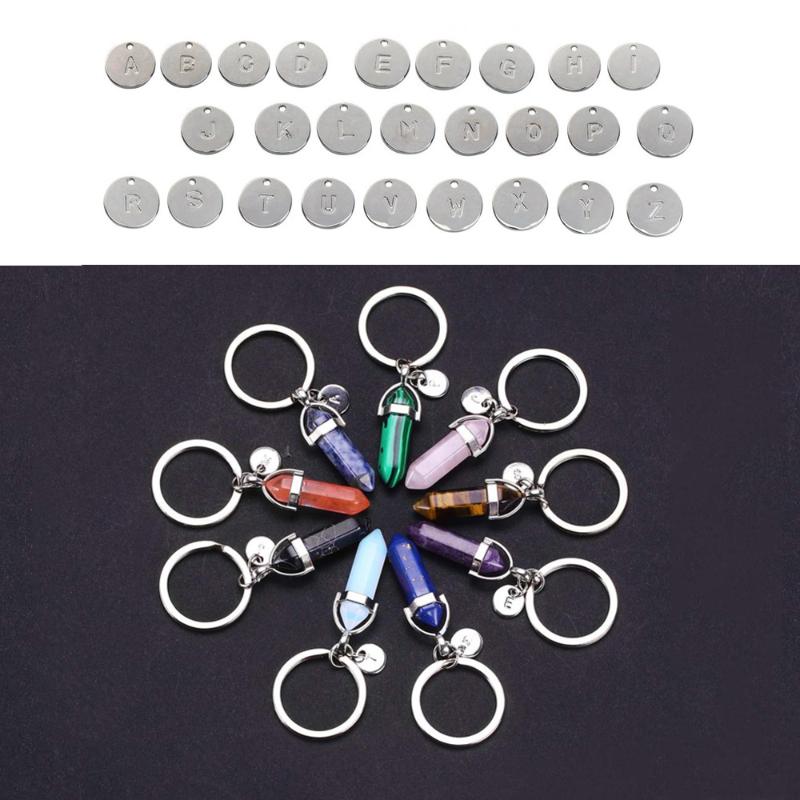 

Keychains 26 Letters Multicolor Natural Stone Keyring Summer Fashion Crystal Quartz Silver Color Keychain For Women Men Round Key Chain