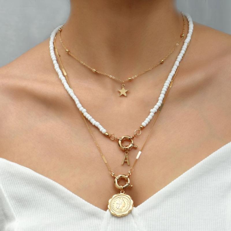 

Chokers JIOROMY Vintage Multi-layer Beads Chain Choker Necklace For Women Letter A Coin Fashion Portrait Chunky Necklaces Jewelery