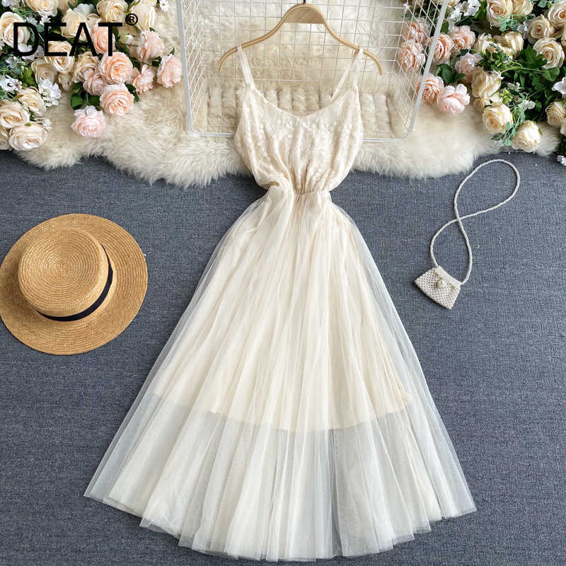 

DEAT Spring Arrivals Solid Color Sleeveless High Waist Open Back Mesh Stitching Slim Long Dress MZ639 210709, Apricot