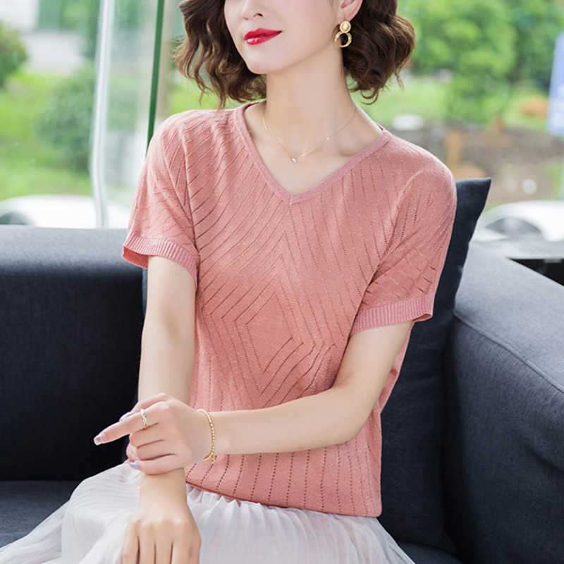 

oversize summer basic office sweater pullover short sleeve v neck hollow out solid casual female kint jumper sweaters top 210604, Pink