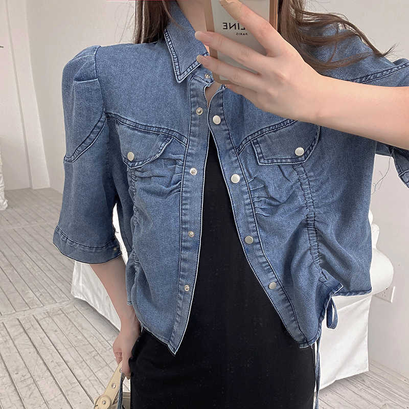

Korea Summer Fashion Turn-down Collar Single Breasted Puff Sleeve Short Denim Jacket Casual Women Ruched Chic Top Femme 210526, Photo color