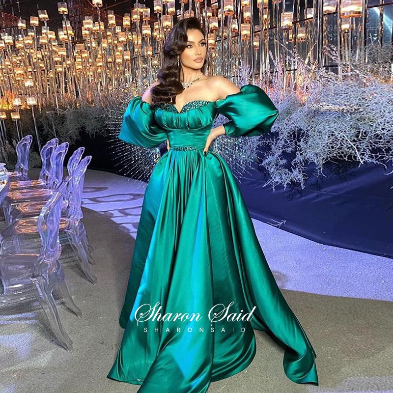 

Party Dresses Dubai Emerald Green Evening With Puff Sleeve Arabic Long Women Wedding Dress 2021 Plus Size Formal Prom Gowns, Without beaded