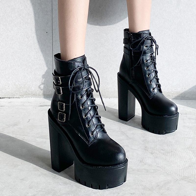 

Boots Goth Shoes On Platform Gothic Style Punk Metal Stud High Heel Mid-Calf Womens Demonia Waterproof Elegant YMB363, Black