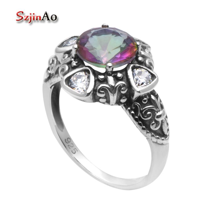 

Cluster Rings Fine Christmas 925 Sterling Silver For Women Rainbow Topaz Flowers Antique Ring High Quality Wedding, Golden;silver