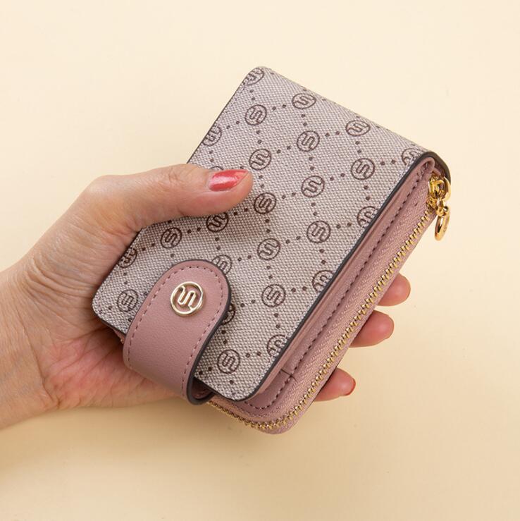 

Factory wholesale leathers shoulder bag high quality printed fashion short wallets personalized color matching card package multi-card folding leather wallet, Pink3(boutique box)