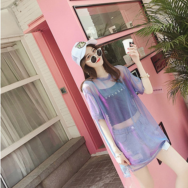 

2021 New 2 Pieces Set T-shirts for Wome Short Sleeve Loose Tops Hollow Out Tee Shirt Sexy Transparent Summer Tshirts Spq9, Purple