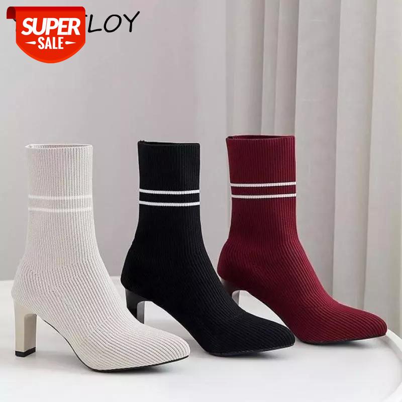 

Sock Boots Knitting Stretch Boots High Heels For Women Stretch Fabric Shoes 2020 Spring Ankle Booties Female #bl5f, Black
