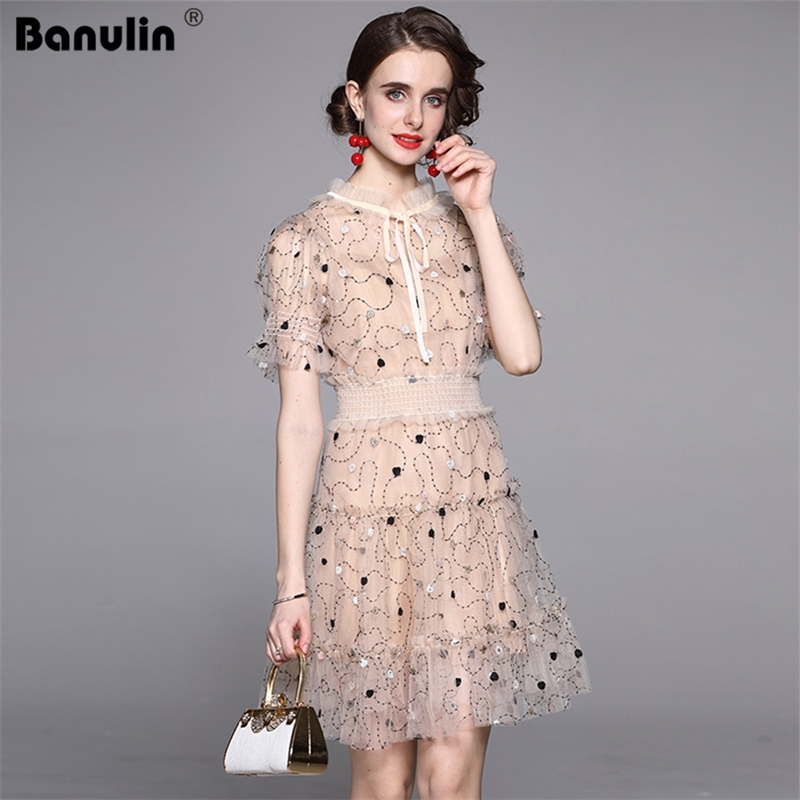

Banulin Elegant Mesh Flower Embroidery Party Short Dress Women's Fashion Runway Summer Sleeve Sweet Dresses Vestdios 210603, Apricot