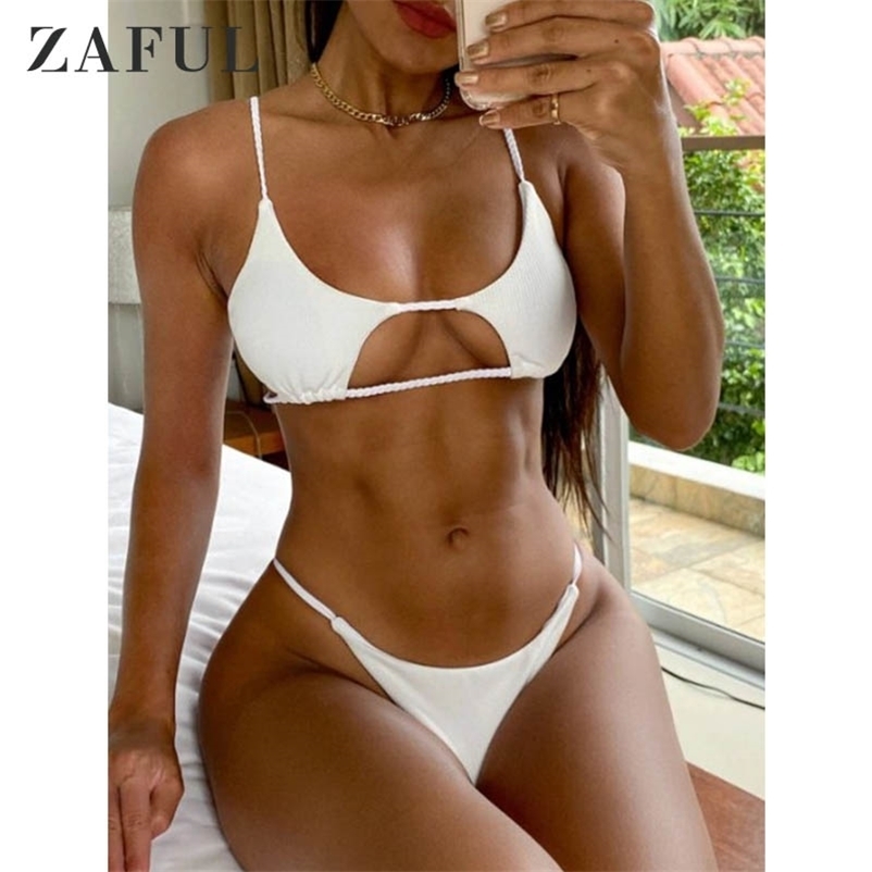 

ZAFUL Sexy Swimwear Tie Braided Ribbed Cutout Bikini Set Swimsuit Padded Low Waist Women Beach Wear Summer New Bathing Suit 210316, Light blue