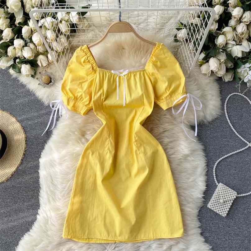 

Sexy Bow Short Puff Sleeve Dress Women Summer Mini es Solid Square Collar Backless Slim A-line Party Vestidos Mujer 210603, Black