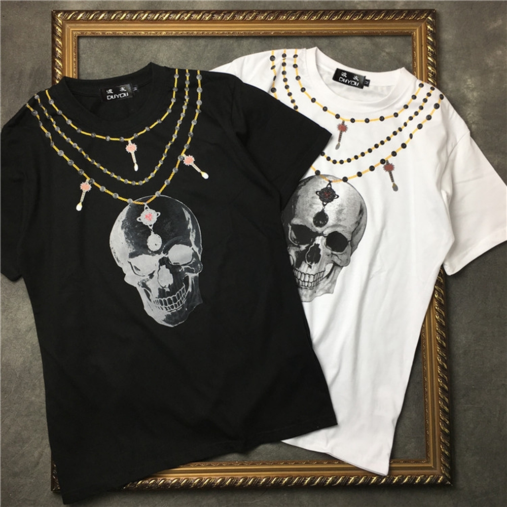 

2021 New Barrett Men' Stretch Cotton Round Neckline Necklace Skull Print Short-sleeved T-shirt Style| 2191001537 Rgd6, Black
