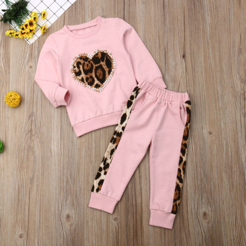 

5Y Toddler Kid Baby Girl Winter Clothes Sets Pink Long Sleeve Leopard Tops Long Pants Outfit Tracksuit, Default color