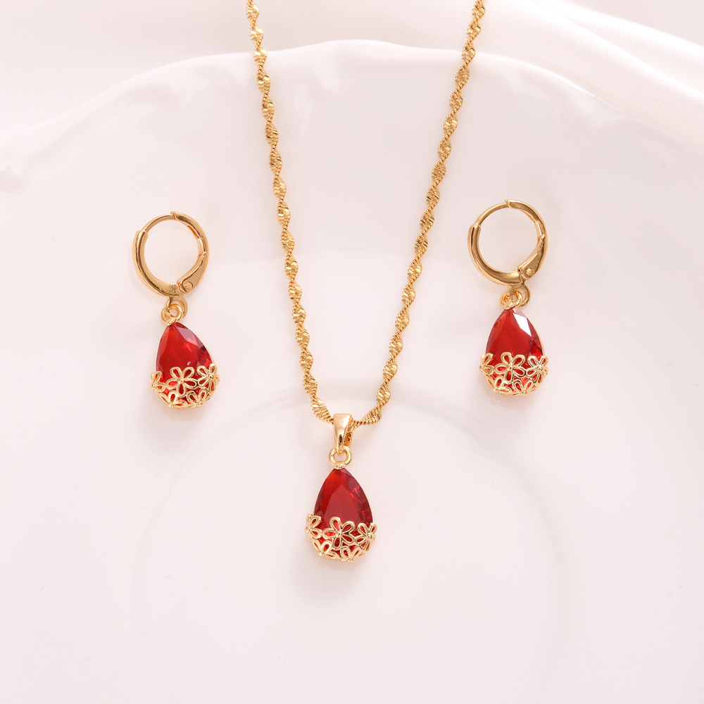 Pendant Necklace Stud Earrings Water Drop Woman 24K Fine Gold CZ Womens Jewellery Red Crystal Set Luxury-image-707027367
