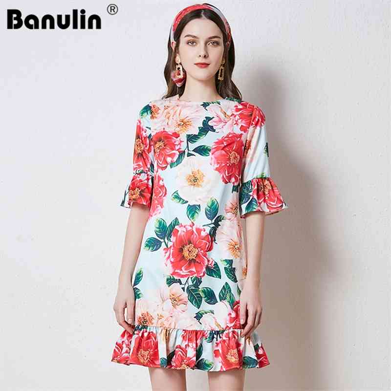 

Banulin Fashion Designer Summer Vintage Party Dress Women Flare Sleeve V-neck Red Floral Print Slim Beach Short 210603