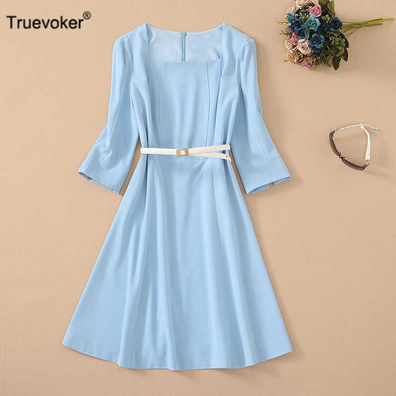 

Truevoker Women Runway High End Half Sleeve Square Collar Sky Blue Brief Belted Dress Mujer Vestidos Fashion Robe 210602