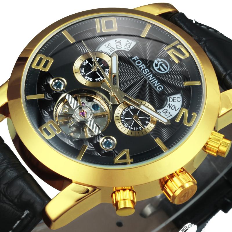 

Wristwatches Forsining Tourbillion Fashion Wave Black Gold Clock Multi Function Automatic Watch Men Mechanical Mens Watches Top, Golden-black