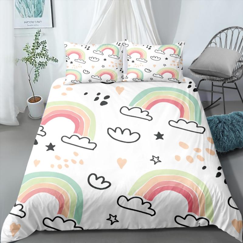 

2/3 Pieces Rainbow/Clouds Bedding Set Cartoon Natural Beauty Duvet Cover White Background Bed Cover Set Luxury Bed Quilt, As picture