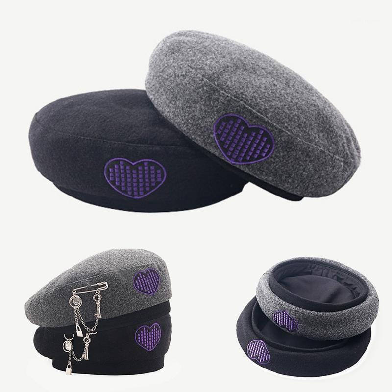 

Berets Beret Hats In British Campus Style With Chain & Embroidered Heart Decoration Acessories For Outfit, 6ee706602-gy