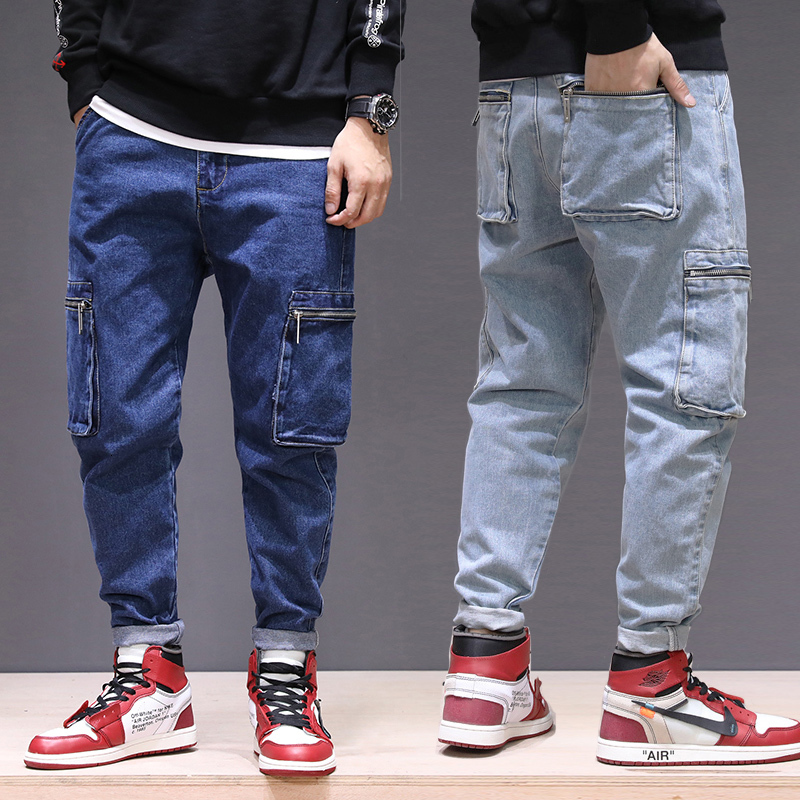 

2021 New Newly Designer Fashion Men Jeans High Quality Loose Fit Big Pocket Denim Cargo Pants Homme Streetwear Hip Hop Wide Leg Trousers Pqp, Light blue