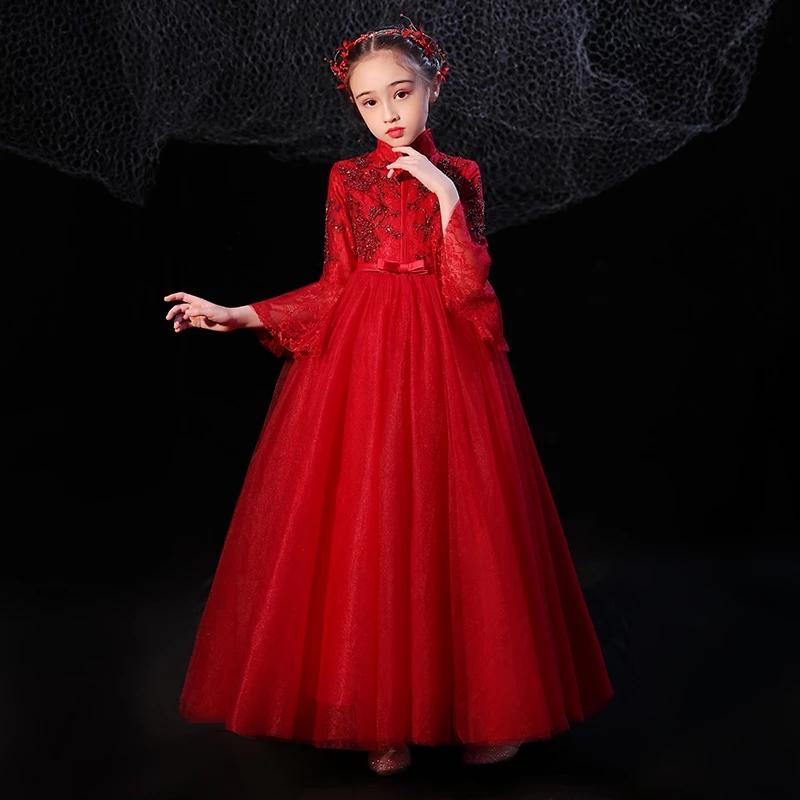 

Girl's Dresses Flower Girl Lace Appliques Sequined Kids Party Communion 3/4 Sleeves High Collar Princess Dress, Red;yellow