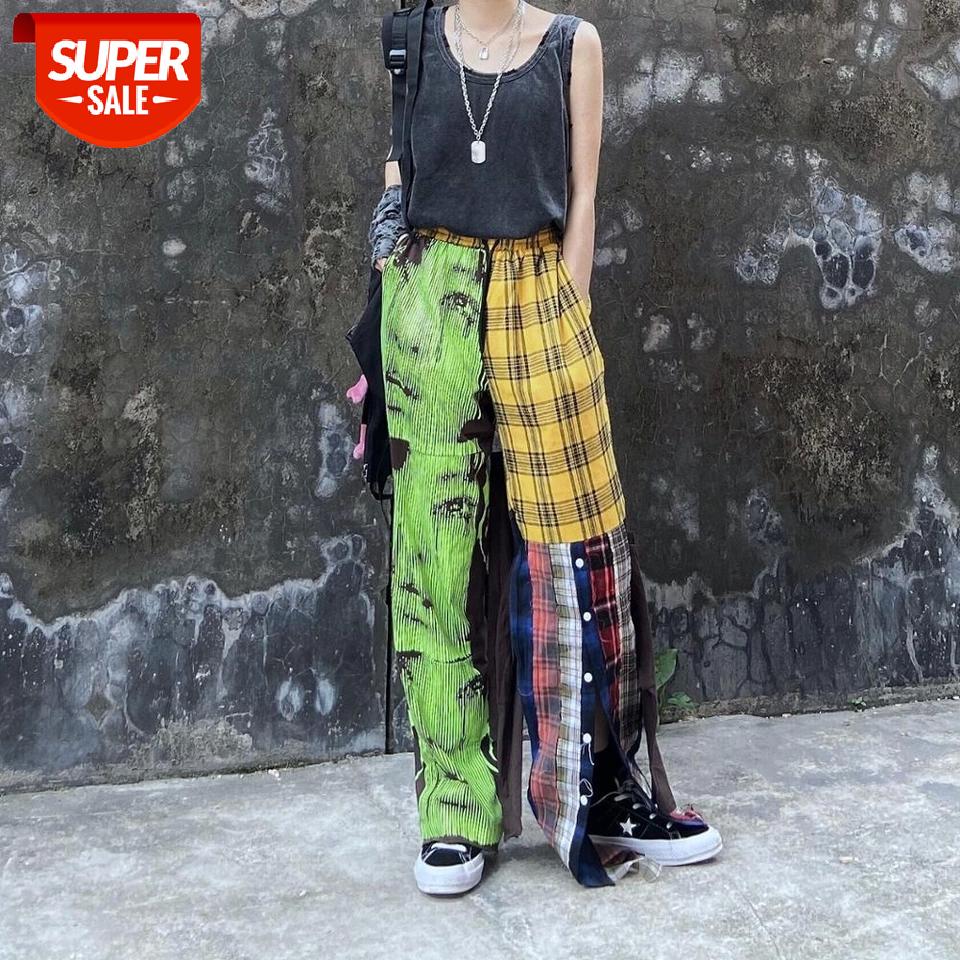 

High Street Personality Cry Portrait Patchwork Casual Pants Men and Women Loose Plaid Trousers Harajuku Side Botton Pants #3B1a, Black