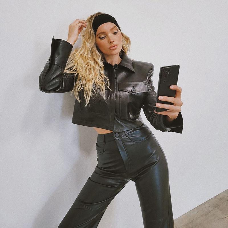 

Women's Jackets Autumn And Winter Shoulder Pad Leather Coat Versatile Lapel Pu Long Sleeve Short Female, Black;brown