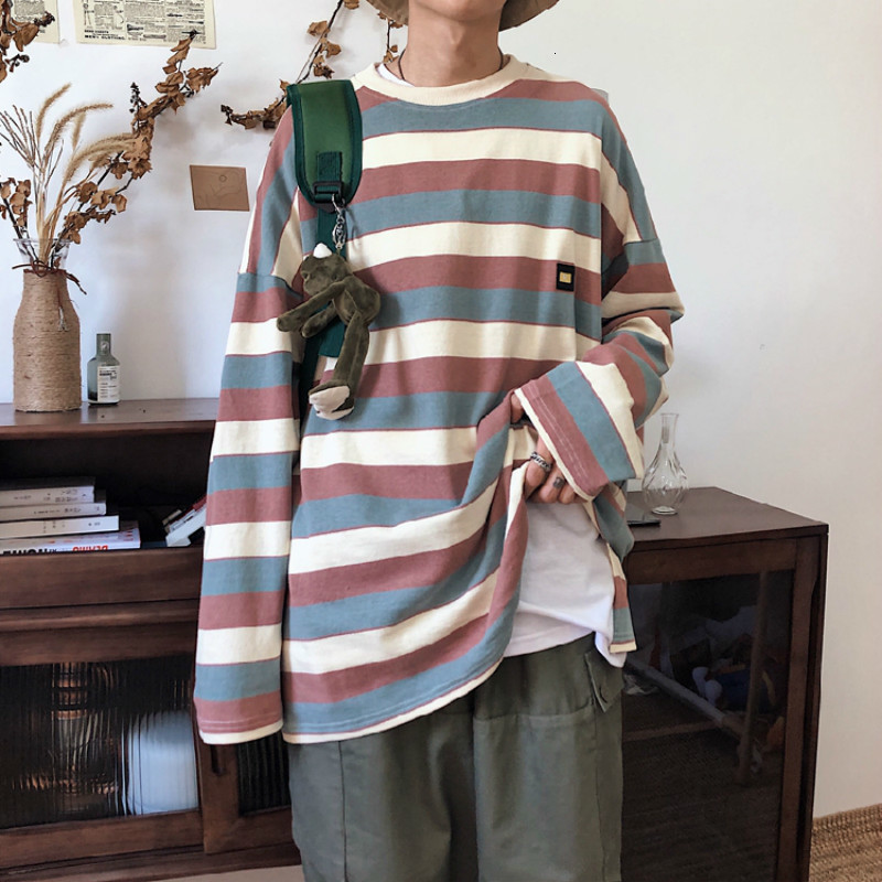 

2021 New Autumn Men's Fashion Stripe Printing Pullover Loose Coats Male Tide Hoodies Cotton Clothes Casual Sweatshirts Size M-2xl 9y3m, Red