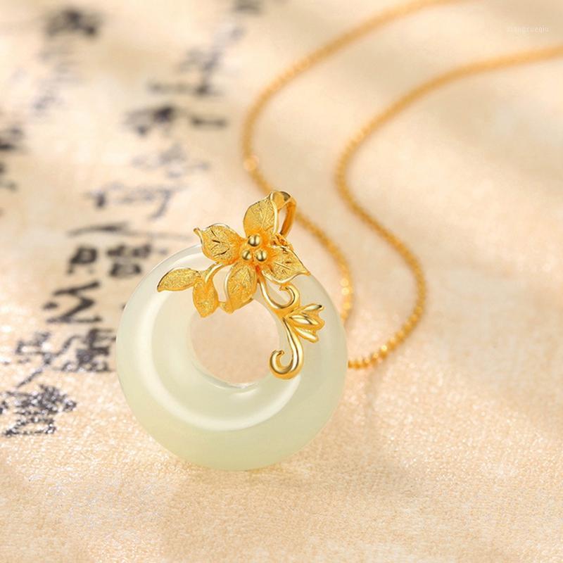 

Pendant Necklaces Donuts Necklace Charm Jewelry Hetian Natural Carved Amulet Gifts For Her Women Green, Silver