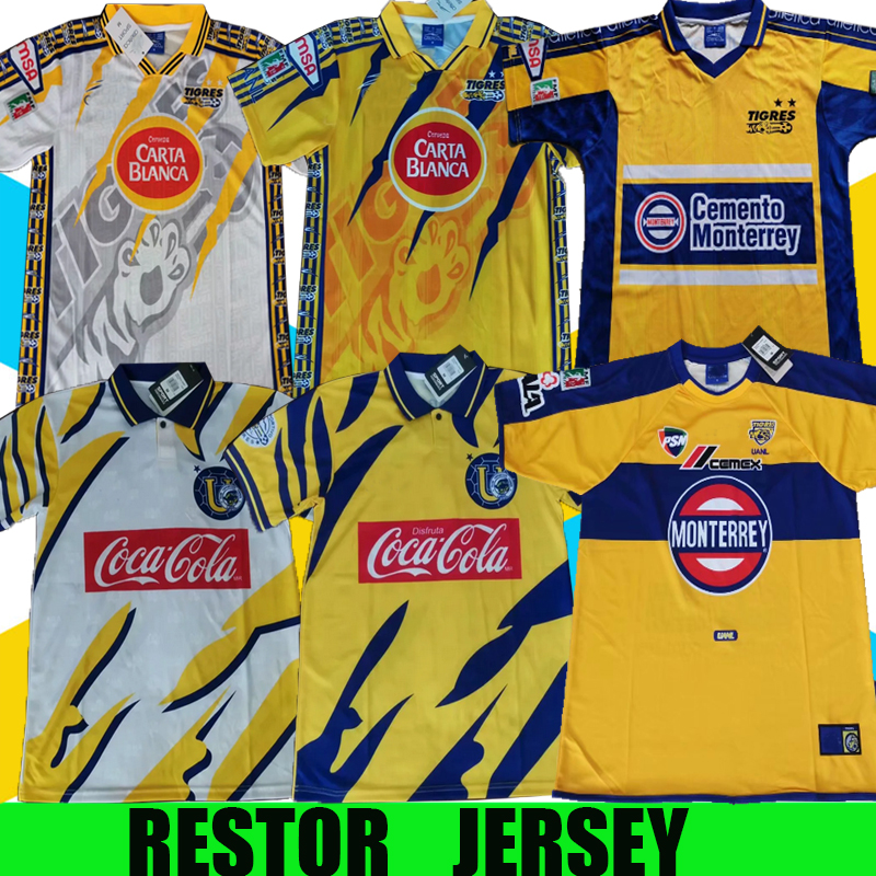 

MEXICO TIGRES Retro soccer jerseys 1996 1997 1998 1999 2000 2001 2002 home yellow Vintage football shirts 97 98 99 00 01 02 jersey classic tiger shirt, 96/97 home