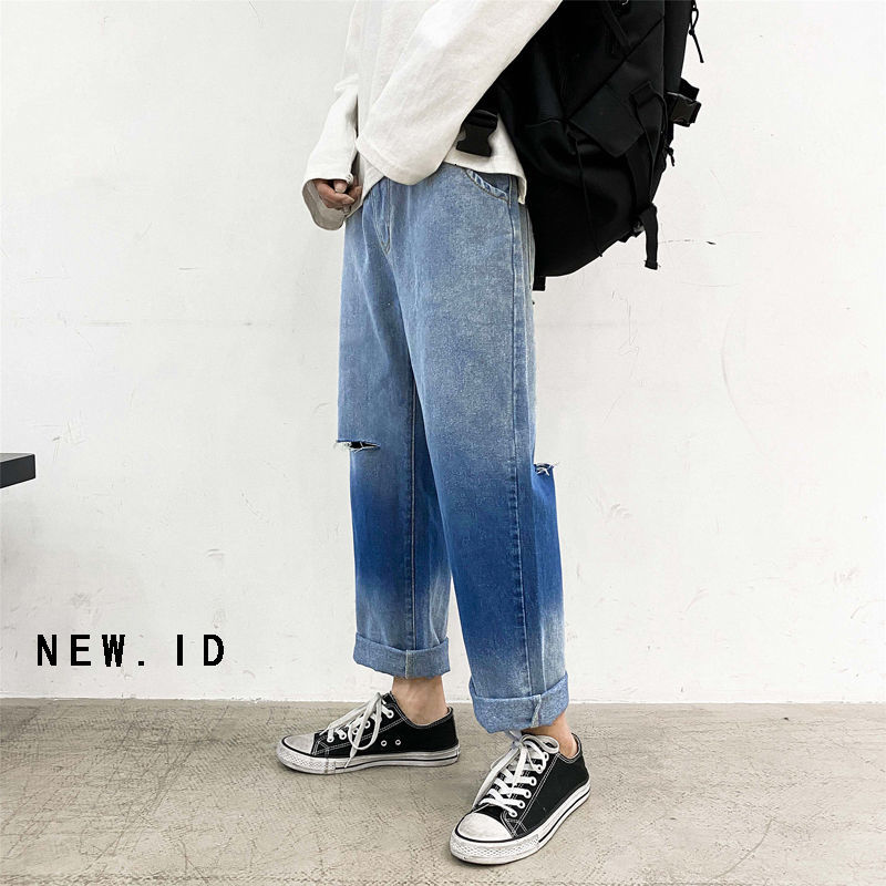 

2021 New Summer Men's Fashion Loose Holes Baggy Homme Trousers Cargo Pocket Straight Color-changing Jeans Casual Pants Size M-5xl 55t9, Blue